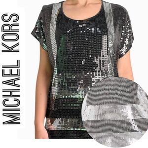 Michael Kors‎ Silver Sequin Viscose Loose Flowy Dressy Tee T-Shirt Top Blouse S